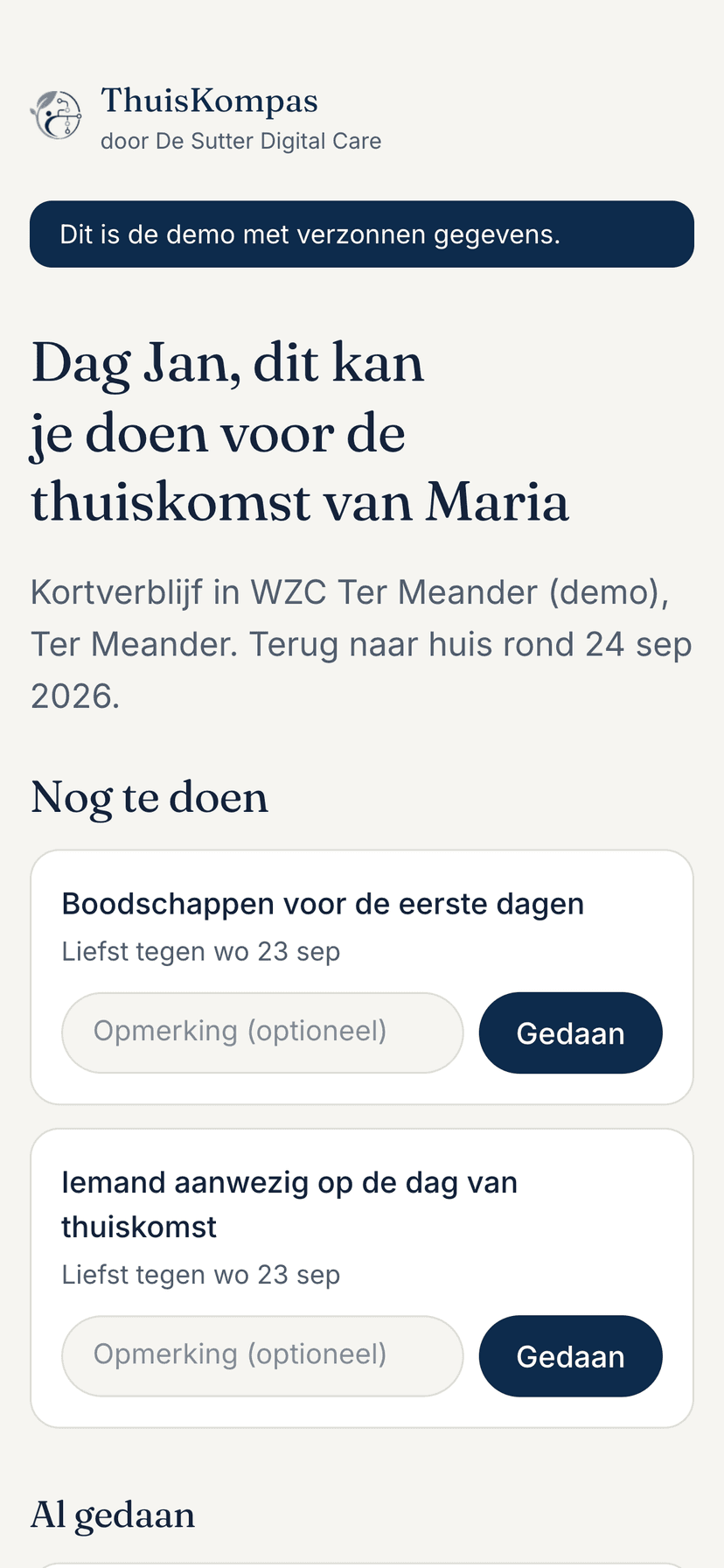 De pagina van de mantelzorger op een gsm