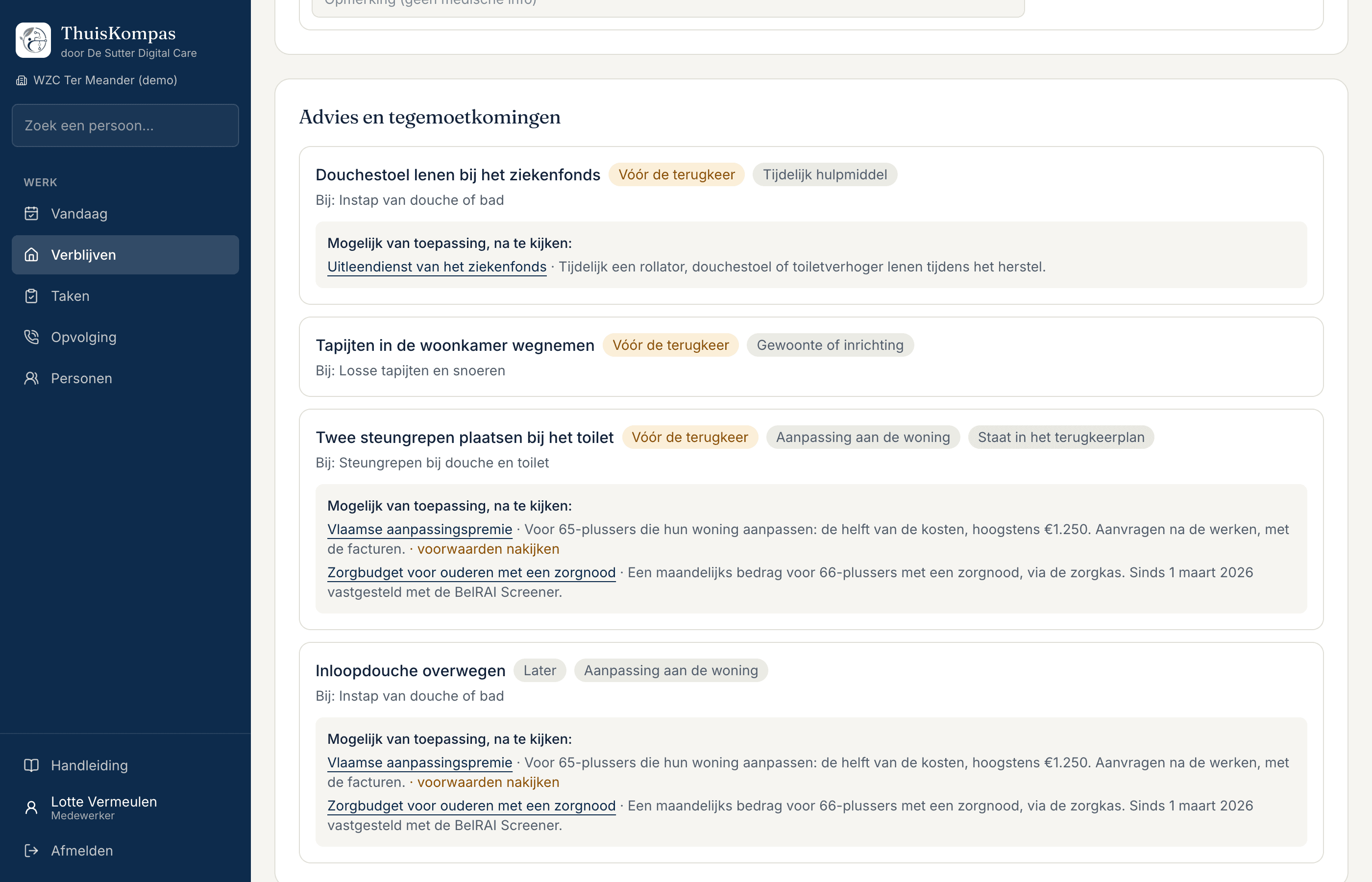 De woningcheck (ZorgProof): Advies per ruimte, met de tegemoetkomingen erbij.